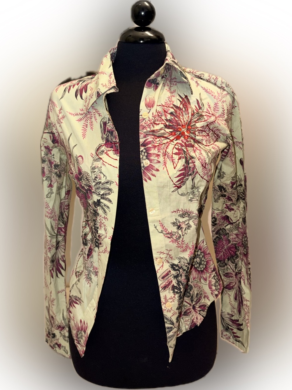 Angie Cream Floral Button-Front Shirt Jacket with Pink Accents